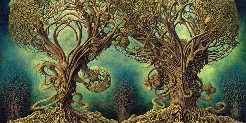 Image similar to tree of life by roger dean and andrew ferez, art forms of nature by ernst haeckel, divine chaos engine, symbolist, visionary, art nouveau, botanical fractal structures, organic, detailed, realistic, surreality