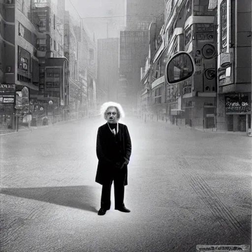 Prompt: einstein standing alone in a scifi city, robots, photograph