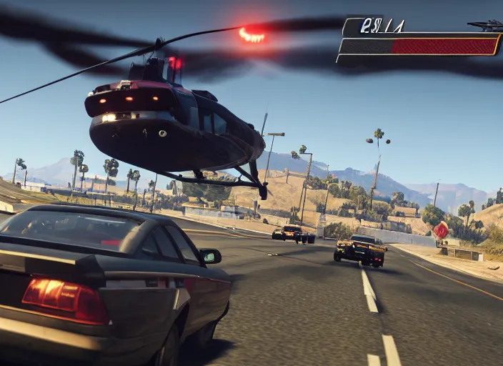 Prompt: GTA V screenshot, grand theft auto 5, high pursuit police chase