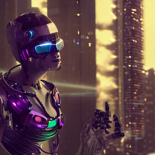 Prompt: cyberpunk humanoid from 2100 wearing clear coat digital art,octane render,cgsociety