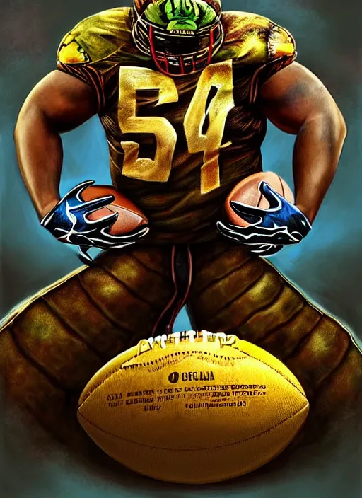 Prompt: a turtle that is a football linebacker in the nfl, wearing an nfl team uniform, holding a football, cosmic horror painting, elegant intricate digital painting artstation concept art by mark brooks and brad kunkle detailed