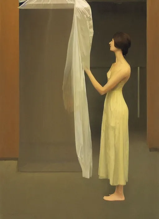 Image similar to woman in a translucent dress made from plastic bag with paper bags for clothes standing inside paper bags with paper bag over the head at store display Edward Hopper and James Gilleard, Zdzislaw Beksinski, highly detailed