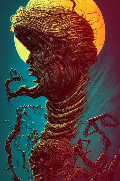 Prompt: donald trump as a disgusting monster consuming the world, horror, high details, intricate details, by vincent di fate, artgerm julie bell beeple, 80s, inking, vintage 80s print, screen print