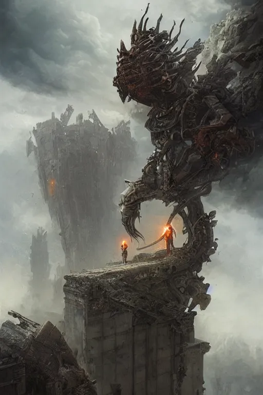 Image similar to Abstract tech action scene of a old steampunk warrior facing a gigantic etheral monster looking down on top of ruins, horror, volumetric clouds focus, detailed, realistic eyes, symmetric body features proportions, intricate details, award winning, by Tom Bagshaw