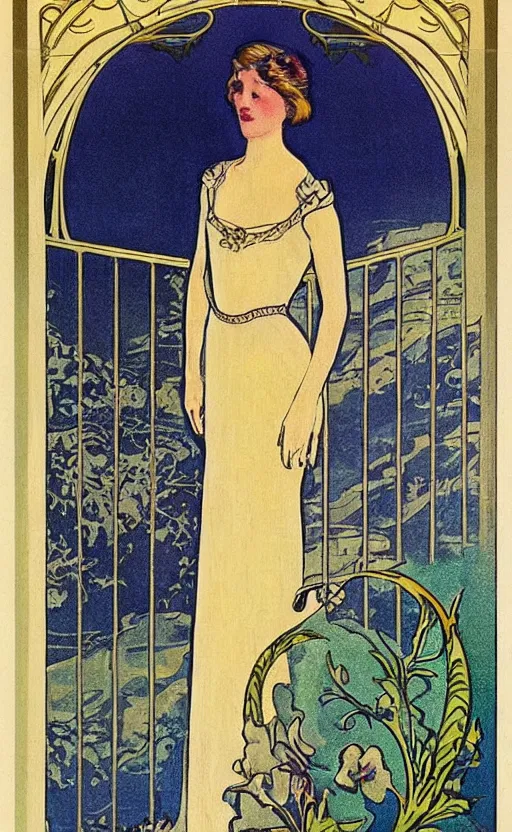 Prompt: art nouveau! style, woman overlooking, golden gate bridge! first pillar!!! in the background, early 1 9 0 0 s!!