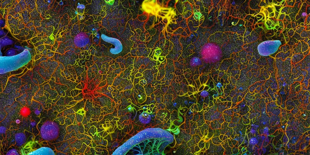 Prompt: Extremely detailed beautiful ultra wide-angle super-resolution electron microscopy image of micro detailed neurons visible to the horizon, shallow depth of field, mushrooms and slime molds rhizomorphs, photoreal, vivid colors, micro details, chromatic abberation, 8k, 3d sculpture, unreal engine, Dan Mumford