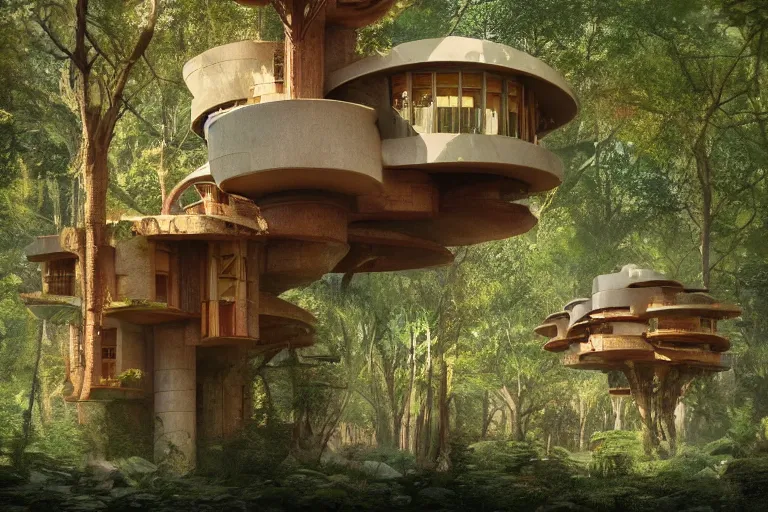 Prompt: solarpunk treehouse by frank lloyd wright, still from a movie, cyberpunk tree house, photo art, artgerm, trending on artstation