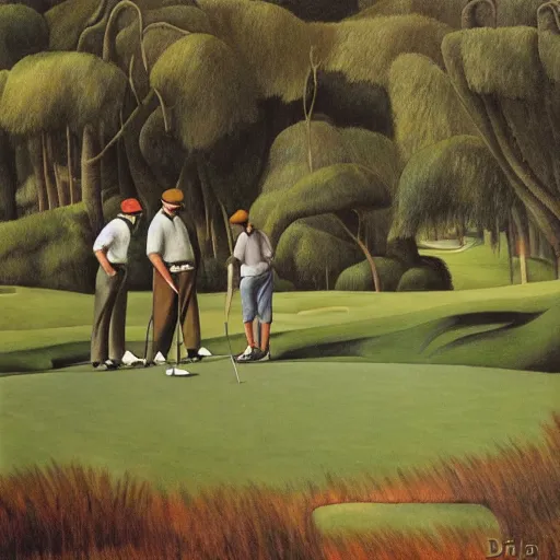 Image similar to Three golfers on a beautiful golf course, by Diego Rivera