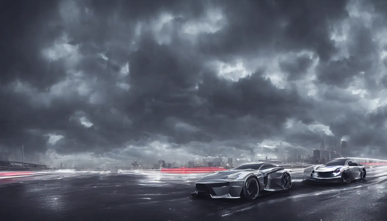 Prompt: One sport car in a highway by Khyzyl Saleem , city landscape, night time, stormy wheater, atmospheric, trending artstaion, concept art, sharp focus, high detail, octane render, synthwave