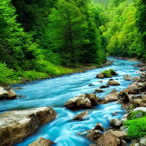 Image similar to a beautiful landscape, river, rocks, trees, lush vegetation