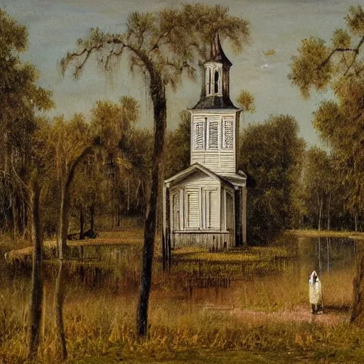 Prompt: 1 9 e century southern gothic scene, old white wooden church in bayou swamps, in louisiana, old painting style claude gellee