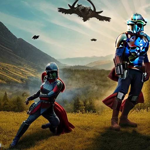 Prompt: the mandalorian is playing frisbee with captain marvel on a mountain slope in a mountain valley with a scenic view of a valley behind you can see horses and tractors in distance the sun rays are cutting through the white clouds, illustration, beautiful, highly detailed, leica, award winning photo,