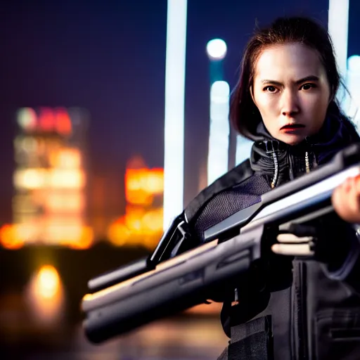 Image similar to photographic portrait of a techwear woman holding a shotgun, closeup, on the rooftop of a futuristic city at night, sigma 85mm f/1.4, 4k, depth of field, high resolution, 4k, 8k, hd, full color, Die Hard, movies with guns, movie firearms