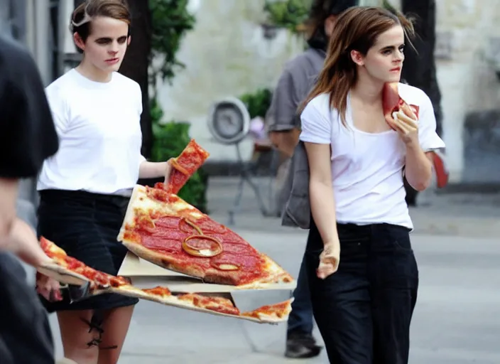 Image similar to emma watson eats a juicy pizza