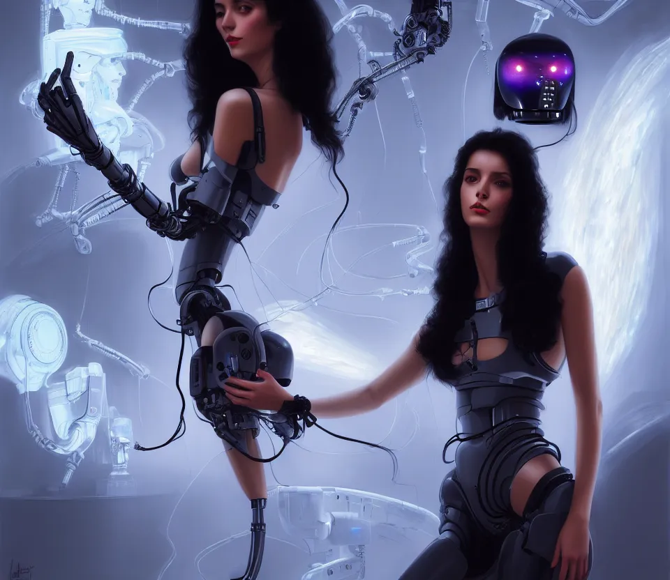 Image similar to beauty young spanish woman with long black hair robotic arms, interacting withholograms of alien artifacts, electrical case display, Terminator tech, ultrarealistic, dramatic lighting, electrical details, high details, 4k, 8k, best, accurate, trending on artstation, artstation, photorealism, ultrarealistic, digital painting, style of Peter Mohrbacher, Caravaggio, Hajime Sorayama and Boris Vallejo