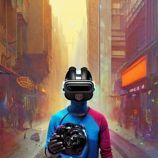 Prompt: vibrant portrait of masked cyberpunk hero with Oculus VR headset with an oxygen tank on the art deco streets of the big city, award-winning realistic sci-fi concept art by Jim Burns and Greg Rutkowski, Picasso, Beksinski, masterpiece, complimentary colors, James Gilleard, Bruegel, artstation, Alphonse Mucha, and Yoshitaka Amano