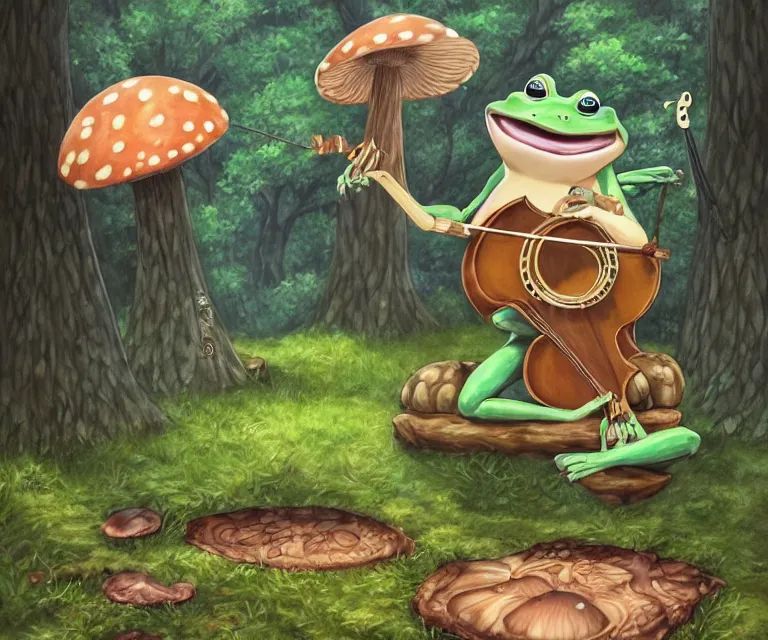 Image similar to frog playing a banjo in front of a mushroom in a forest, anime fantasy illustration by tomoyuki yamasaki, kyoto studio, madhouse, ufotable, comixwave films, trending on artstation