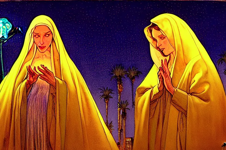 Image similar to a hyperrealist watercolour character concept art portrait of the blessed mother mary on well lit night in las vegas, nevada. there is a ufo. neon roses. by rebecca guay, michael kaluta, charles vess and jean moebius giraud