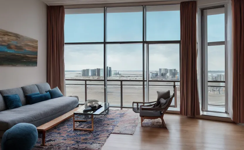 Prompt: wide angle photograph, atmospheric, beachfront view, large open windows, reflections, award winning contemporary modern interior design city apartment, living room, cozy and calm, fabrics and textiles, colorful accents, brass and copper, many light sources, lamps, oiled hardwood floors, book shelves, couch, desk, plants