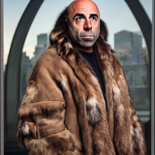 Prompt: Photo portrait Joe Rogan as a wax neanderthal cave man exaggerated brow wrapped in fur cloak in the national science museum background dramatic lighting 85mm lens by Steve McCurry