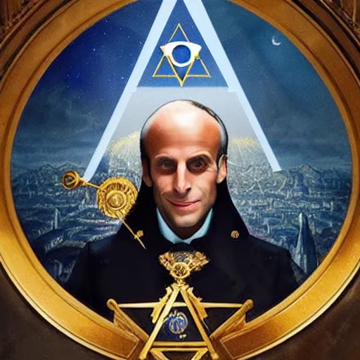 Image similar to emanuel macron hacking his way to illuminati council, freemason, epic, esoteric, matte painting, ultra detailled