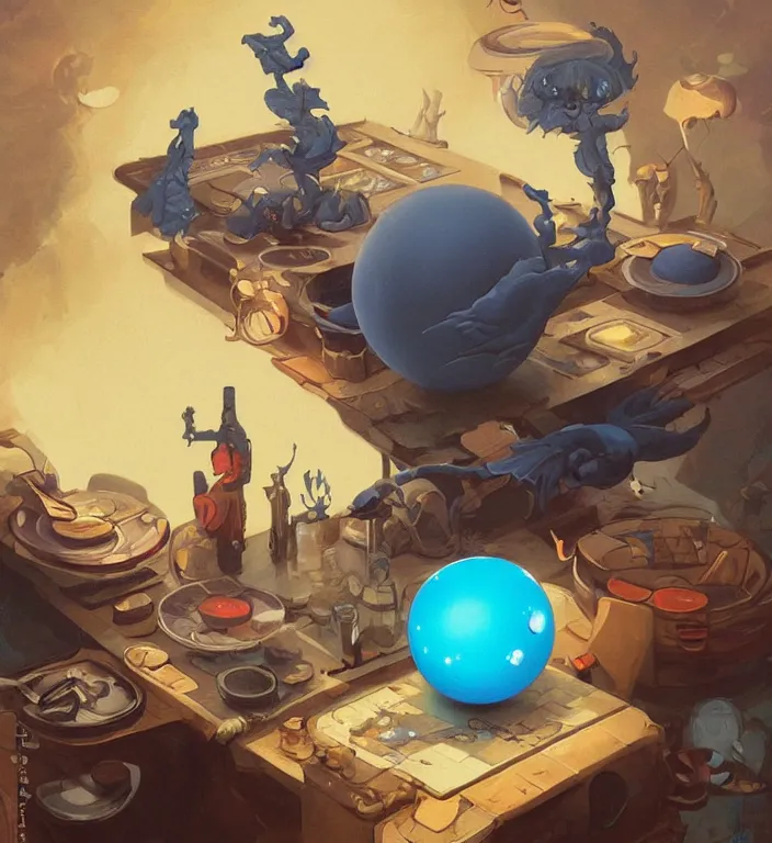 Image similar to a blue ball on a table, digital artwork by Peter Mohrbacher and Dan Mumford and Wlop