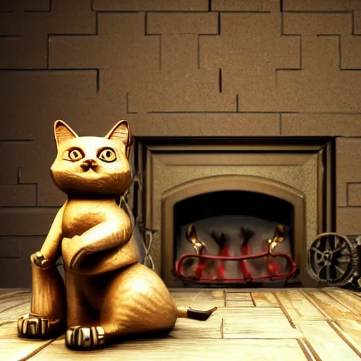 Prompt: a 3 d render of steampunk cat sits in a chair in front of a fireplace in a book lined room and smokes a pipe, high realistic, high detailed, octane render