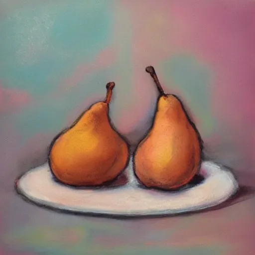 Image similar to abstract figurative art, style, lovers eat, julia pott style, pears, dreamy, muted, pastel colors