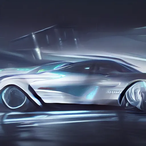 Image similar to full view of a car, painted in white holographic pearlescent, elegant, digital painting, concept art, smooth, sharp focus, art style from Wang Ke and Greg Rutkowski and Bruce Kaiser and Scott Robertson and Dmitry Mazurkevich and Doruk Erdem and Jon Sibal, small style cue from Blade Runner