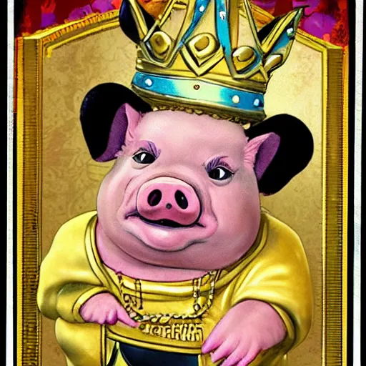 Image similar to pig in a gold crown in the style of garbage pail kids