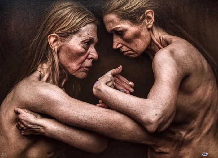 Prompt: photo, female arm wrestlers, woodland location, stefan kostic and david cronenberg, realistic, sharp focus, 8 k high definition, intricate, chiaroscuro, elegant, perfect faces, symmetrical face, extremely detailed, hypnotic eyes, realistic, fantasy art, masterpiece zdzislaw beksinski, national geographic, artgerm