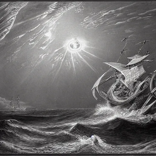 Image similar to giant sea dragon attacking a ship, by gustave dore