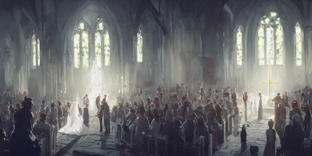 Prompt: a beautiful painting of wedding in the church, greg rutkowski style, trending on artstation