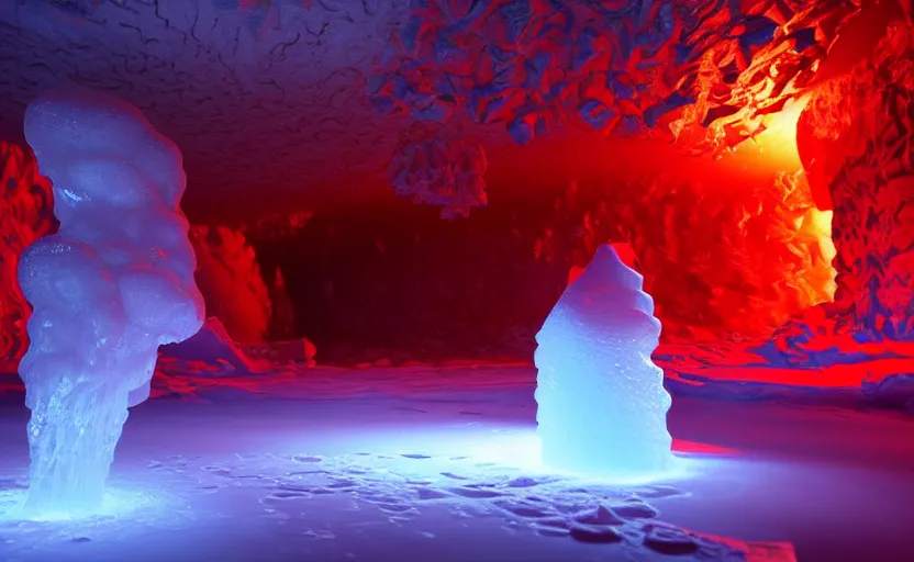 Image similar to liquid nitrogen and red water-cooling coolant flowing through latent representations of ice caverns by centrifugal forces, gaming pc RGB components sticking out the walls!!!!, high detail, high contrast!, low-poly elements!!!, trending on artstation, octane render, subsurface scattering, 4k