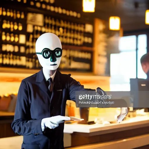 Prompt: slenderman working at starbucks, stock photo, cheerful lighting