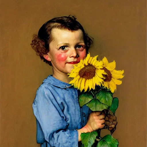 Prompt: norman rockwell portrait of a child holding sunflowers