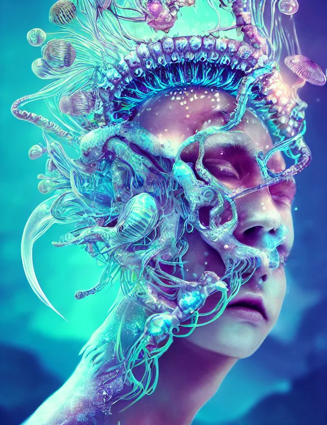 Image similar to goddess macro close - up portrait in crown made of ram skull. betta fish, jellyfish phoenix, bioluminiscent, plasma, ice, water, wind, creature, super intricate ornaments artwork by tooth wu and wlop and beeple and greg rutkowski