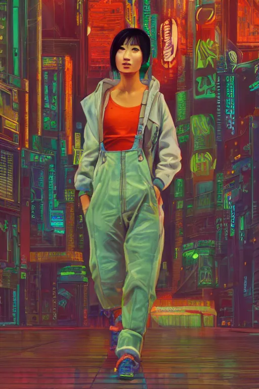 Image similar to a full body illustration of an asian female cyberpunk character wearing dungarees, highly detailed, oil on canvas, soft lighting, neon pastel colors, by Jean Giraud, HD, 4K