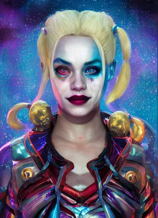 Prompt: cosmic portrait of harley quinn as a celestial being, hyper detailed, digital art, cinematic lighting, studio quality, smooth render, unreal engine 5, octane rendered, art style by klimt and nixeu and ian sprigger and wlop and krenz cushart.