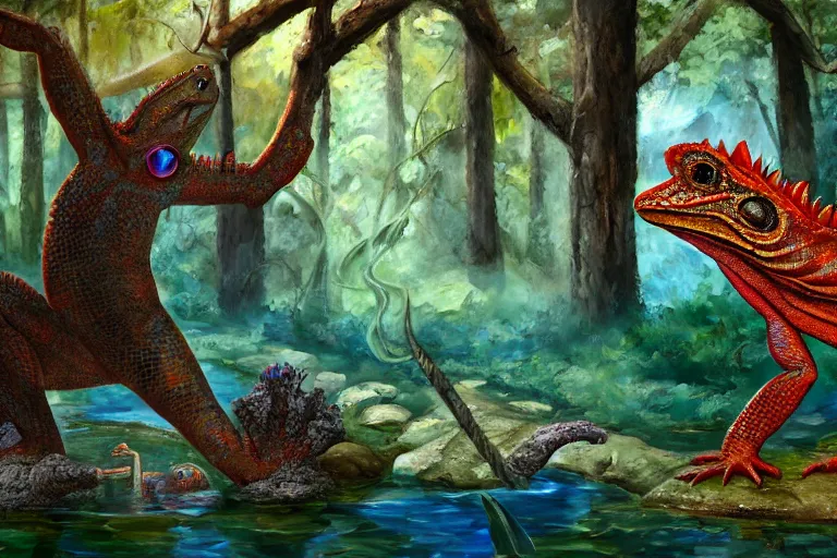 Prompt: anthro man lizard finding a colorful hotspring deep in forest, oil painting, highly detailed, medieval fantasy, featured on artstation