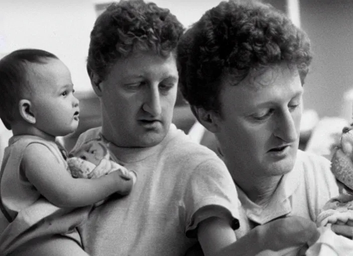 Image similar to film still of Larry Bird holding a baby in the new Three Men and a Baby movie, 8k