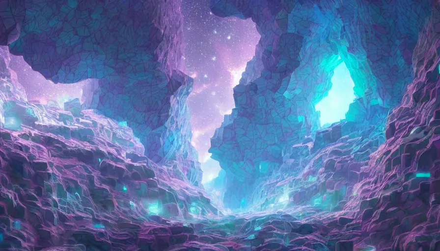 Prompt: A highly detailed digital art painting of a crystalline crystal sparkling cave at night, shimmering starry nebula sky by Studio Ghibli, Makoto Shinkai, by Artgerm, by beeple, volumetric lighting, octane render, 4K resolution, trending on artstation, masterpiece, vivid colours