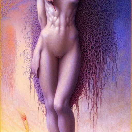 Image similar to cute young vampire tomboy girl with short short short dark hairs on lovecraftian planet by jean delville by luis royo and wayne barlowe, beksinski