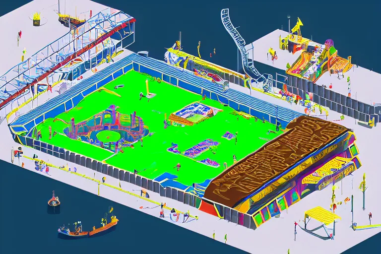 Prompt: isometric view of a multi - leveled high - tech arena floating in the sky, inspired by modern skate parks and modern chinese playgrounds in the style of splatoon, day