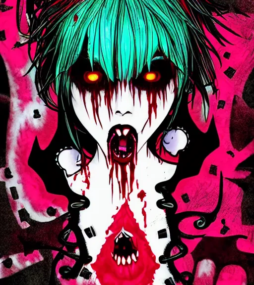 Image similar to horror acid colors, a dark picture comic featuring blood horror and goth anime girls, anime vampires, evil horror vibes