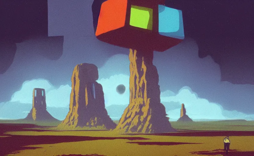 Image similar to a realistic cell - shaded studio ghibli concept art from paprika ( 2 0 0 6 ) of a flying multi - colored cube android from close encounters of the third kind ( 1 9 7 7 ) in a flooded monument valley stonehenge jungle on a misty starry night. very dull colors, wide shot, hd, 4 k, hq