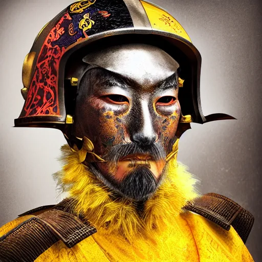 Prompt: portrait of old samurai with a goat beard, with helmet, ready to fight, goth punk, vibrant yellow, colors, surreal, a french baroque by by alexander mcqueen, hyper detailed, very detailed, photograph, cinematic lighting, photorealistic, octane render, no red background