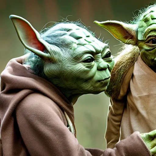 Image similar to a civilization of members of Yoda's species interacting with eachother on their home planet, award winning national geographic photo