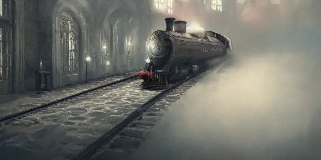 Prompt: mysterious painting of Hogwarts train, A beautiful female conductor, immaculate scale, hyper-realistic, Unreal Engine, Octane Render, digital art, trending on Artstation, 8k, detailed, atmospheric, immaculate