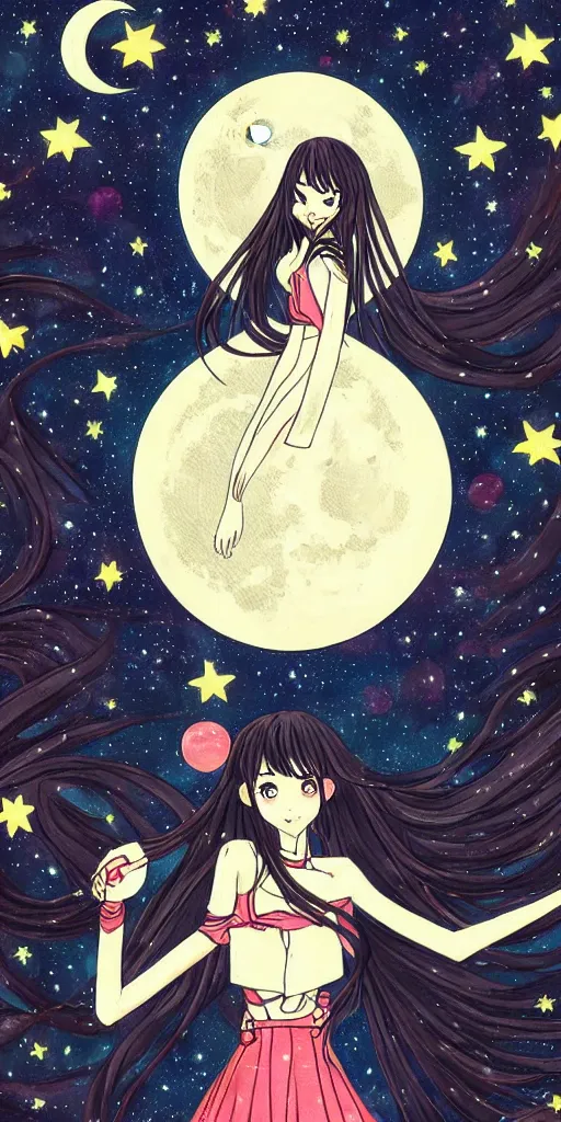 Prompt: a magical anime girl under the moon, dark colours, drawn in classic Japanese style amazing line work, high quality, Tarot card, tarot card the moon